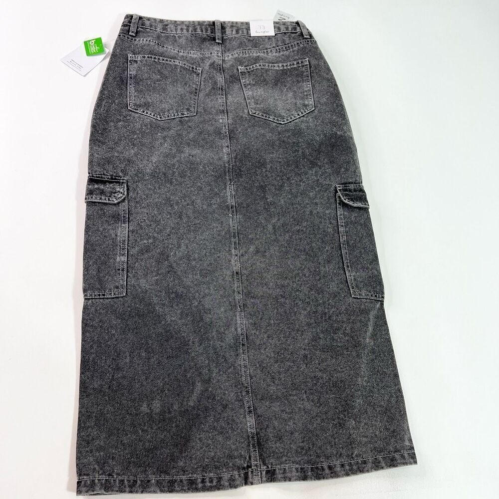 LOVE, FIRE Retro Slit‎ Jean Denim Maxi Skirt Size 13 Black Acid Wash 90s Grunge - Picture 7 of 9